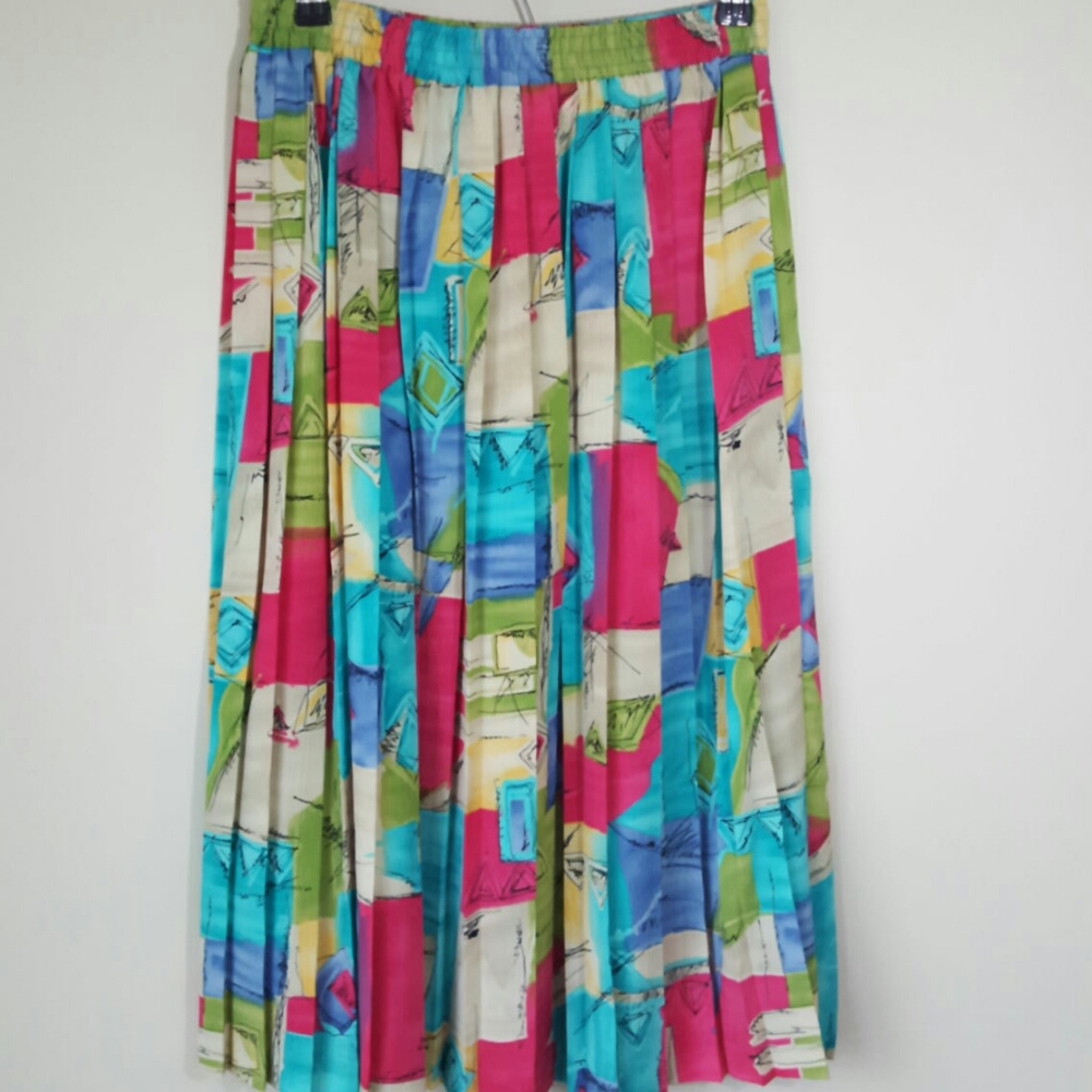 Vintage Multi-Color Abstract Pattern Accordion Pleat Skirt